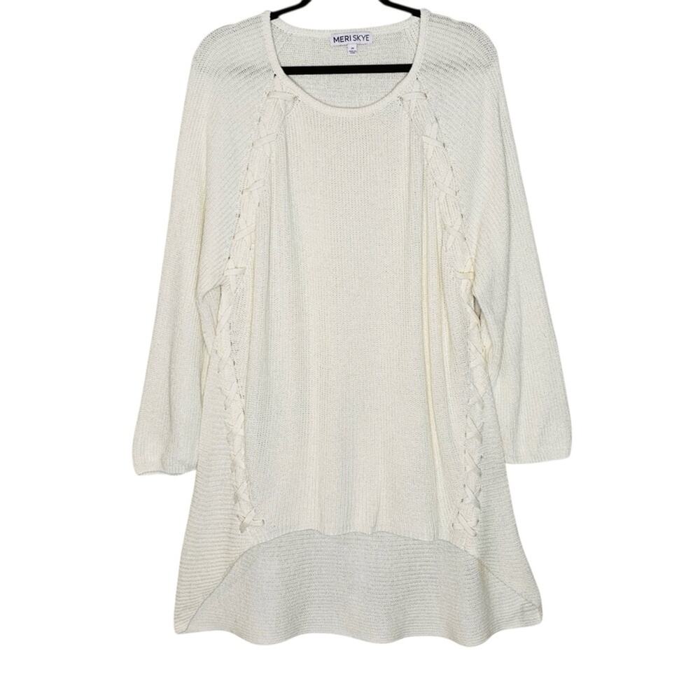 Meri Skye Wool Blend Tunic Sweater 2X XXL Ivory Ribbed Hi Low Raglan Cross Lace